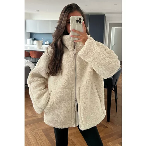 Madmext Beige High Neck Pocketed Plush Coat