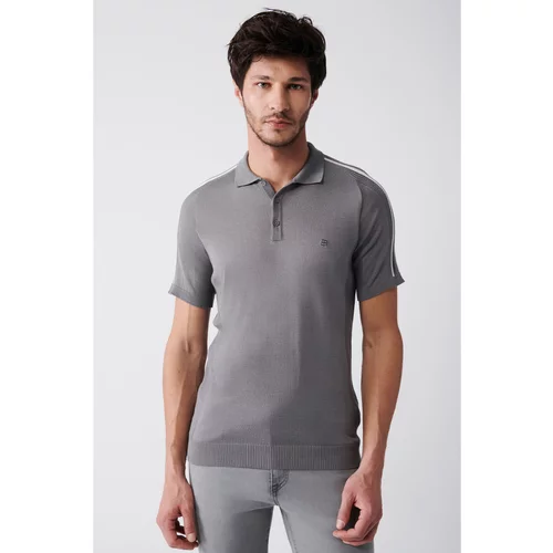 Avva Men's Gray Polo Neck Stripe Detailed Shoulder Ribbed Standard Fit Regular Cut Knitwear T-shirt