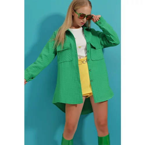 Trend Alaçatı Stili Women's Green Double Pocket Quilted Patterned Regular Jacket