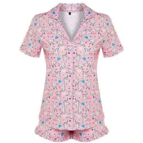 Trendyol Pink 100% Cotton Shirt-Shorts Knitted Pajama Set Slike