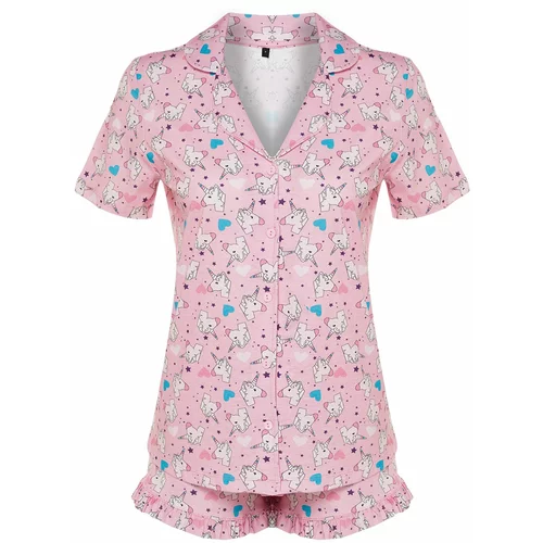 Trendyol Pink 100% Cotton Shirt-Shorts Knitted Pajama Set