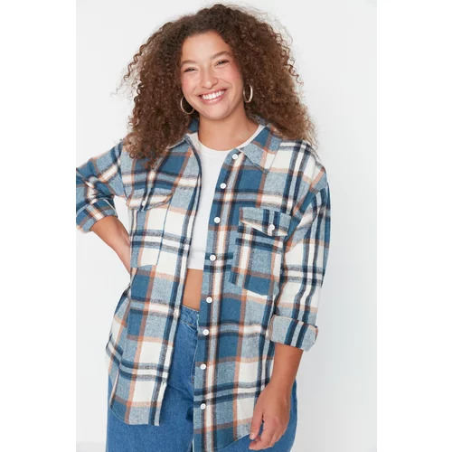 Trendyol Curve Blue Plaid Woven Shirt with Pocket