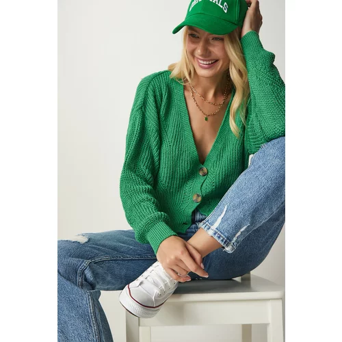 Happiness İstanbul Women's Green Buttoned V-Neck Orlon Cardigan