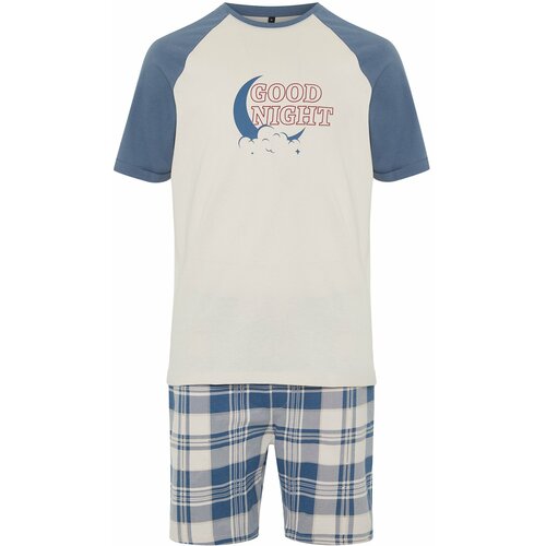 Trendyol Navy Blue - Ecru Regular Fit Plaid Patterned Knitted Pajamas Set Slike
