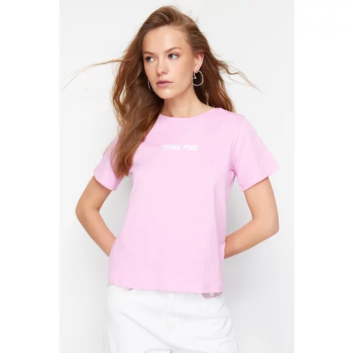 Trendyol Pink Motto Embroidered Regular/Regular Fit Knitted T-Shirt