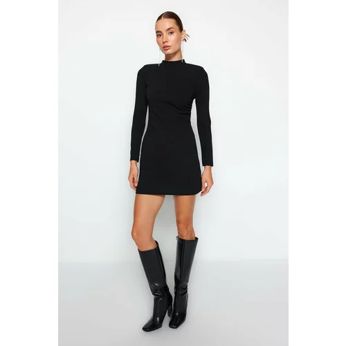 Trendyol Black Knitted Mini Dress with Pleats and Fitted Collar