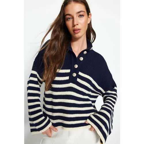 Trendyol Navy Wide Fit Crew Neck Striped Knitwear Sweater