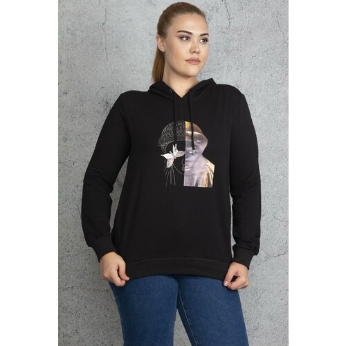 Şans Women's Plus Size Black Front Print And Stone Detail Hooded Sweatshirt Slike