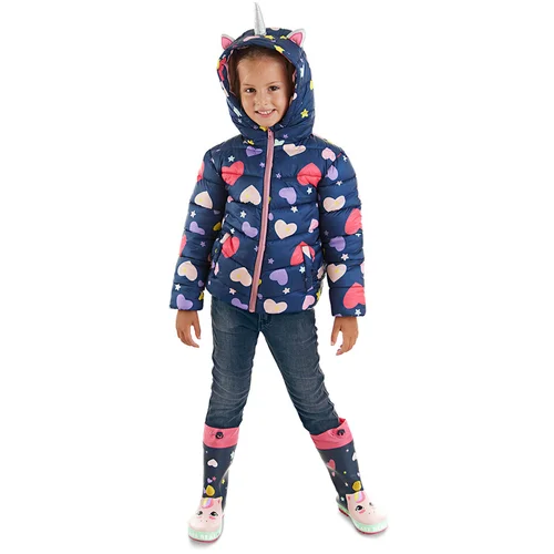 Denokids Unicorn Girl Child's Water Repellent Hooded Inflatable Coat Navy Blue.