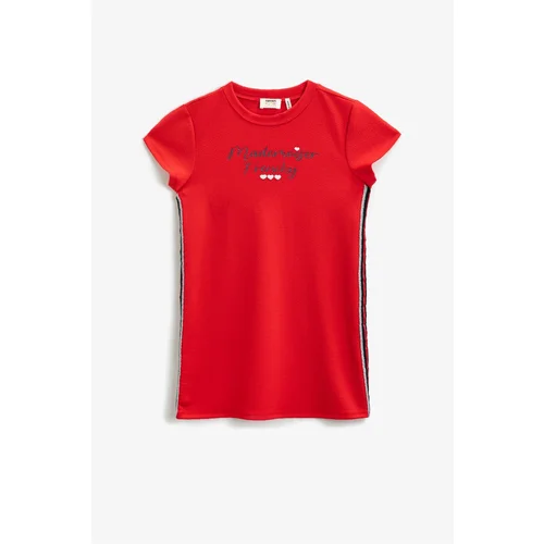 Koton Girl's Red Written Short Sleeve Crew Neck Dress