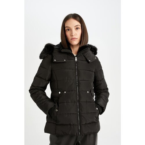 Defacto Water Repellent Lightweight Long Puffer Jacket with Removable Faux Fur Hood and Quilted Zipper and Snap Pockets Slike