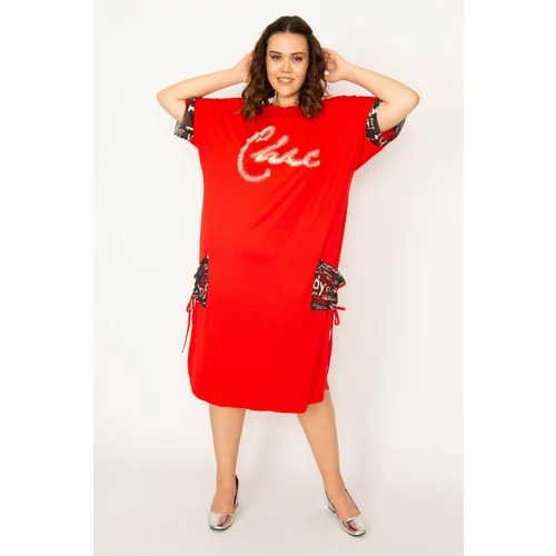 Şans Women's Plus Size Red Pocket And Sleeve Mesh Detailed Stone Printed Viscose Dress