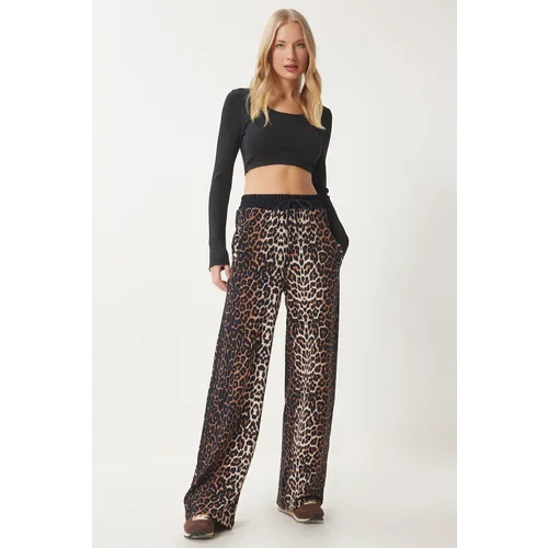 Happiness İstanbul Women's Black Mink Leopard Patterned Wide Leg Knitted Sweatpants