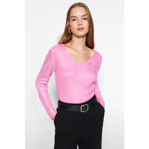 Trendyol Pink Basic Foil Printed Knitwear Sweater Slike