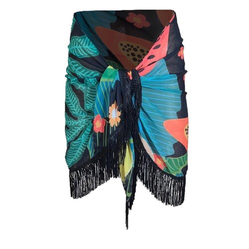 Dewberry 43272 43272 Patterned Pareo with Tassels-BLACK-ORANGE Cene