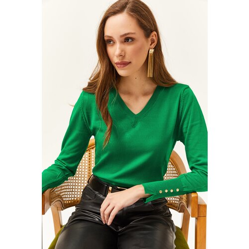 Olalook Women's Emerald Green V-Neck Cuff Slit Buttoned Knitwear Sweater Slike