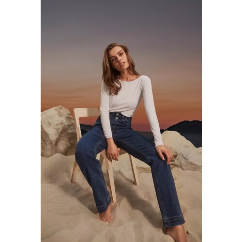 Marisse Wide Leg Jeans With Double Buttons, Navy Blue Cene
