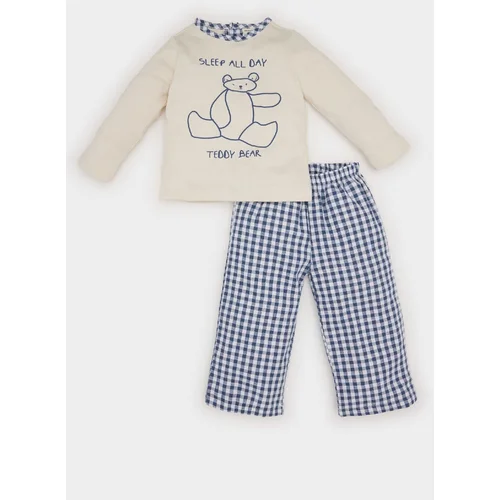 Defacto Baby Boy Pajama Set Bear Printed Long Sleeve Top Plaid Woven Bottom