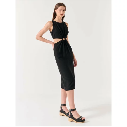 Jimmy Key Black Waist Detailed Sleeveless Linen Summer Midi Dress