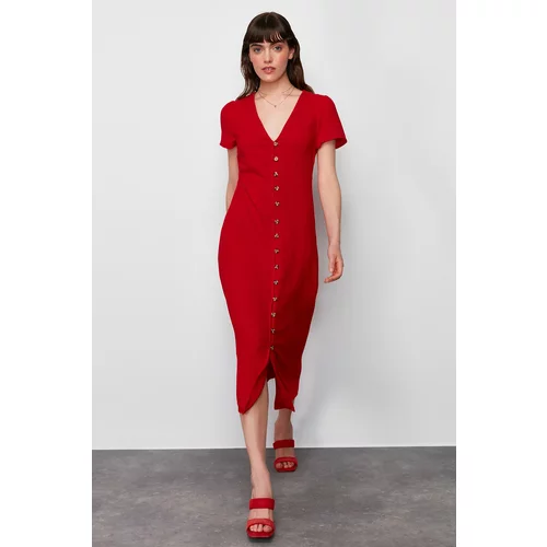 Trendyol Red Straight Cut Button Detailed V Neck Woven Midi Dress
