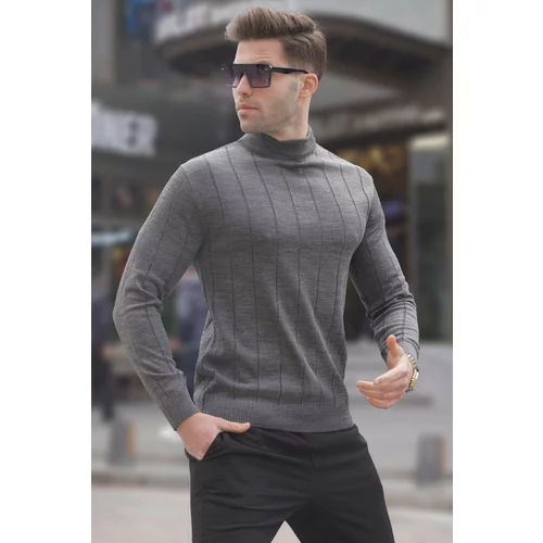Madmext Anthracite Slim Fit Half Turtleneck Striped Anti-Pilling Men's Knitwear Sweater 6344