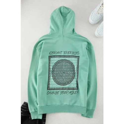 Trendyol Mint Oversize/Wide Fit Text Back Printed Hooded Vintage/Faded Effect Sweatshirt