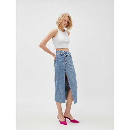 Koton Denim Skirt with Slits, Button Detailed, Pocket. Cotton Cene