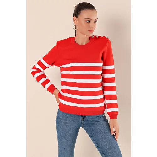 Bigdart 15820 Button Detail Striped Sweater - Red