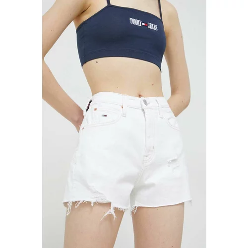 Tommy Jeans Traper kratke hlače za žene, boja: bijela, glatki materijal, visoki struk