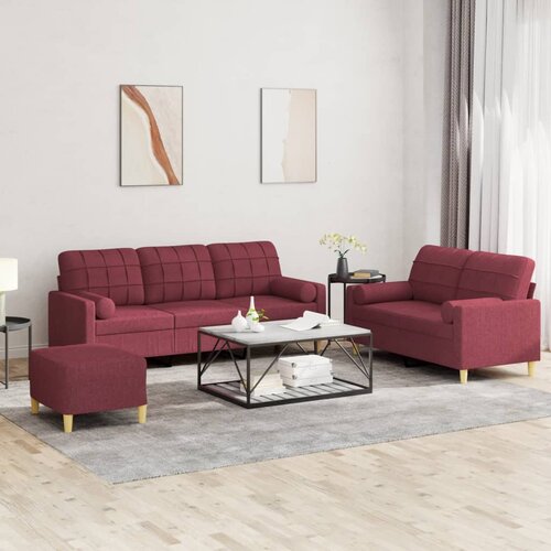  3-dijelni set sofa s jastucima crvena boja vina od tkanine Cijene