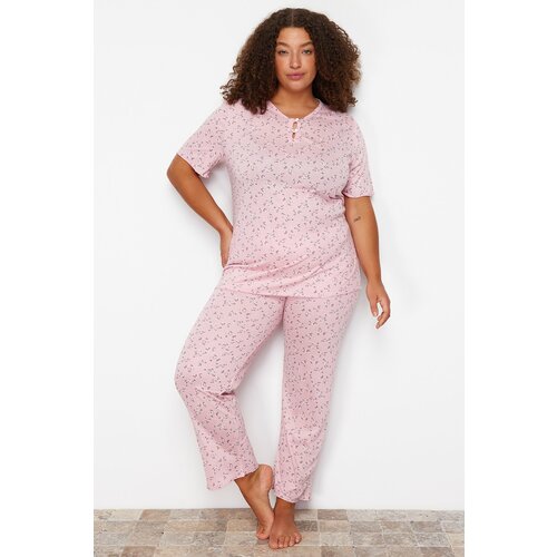 Trendyol Curve Pink Buttoned Floral Pattern Knitted Pajamas Set Slike