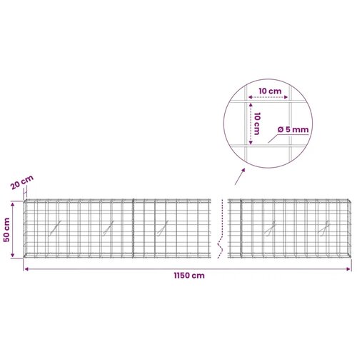  Gabion s žicom debljine 5 mm i mrežom 10x10 cm 1150x20x50 cm - 20 cm 50 cm 1150 cm Slike