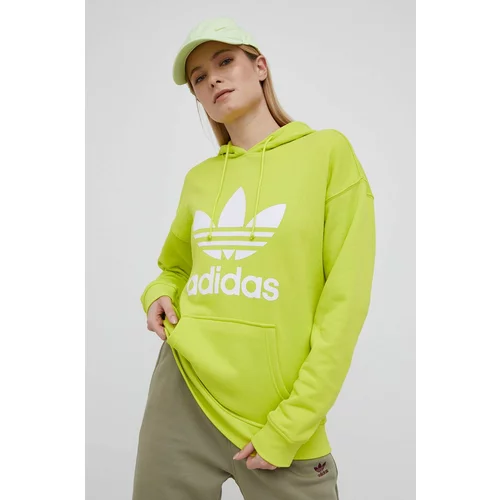 Adidas Pamučna dukserica Adicolor za žene, boja: zelena, s kapuljačom, s tiskom, HE6950-SHOSLI