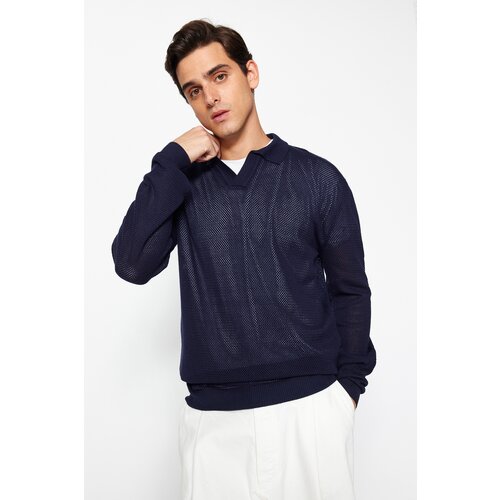 Trendyol Men's Navy Blue Regular Fit Polo Neck Crochet Detailed Cotton Knitwear Sweater. Slike