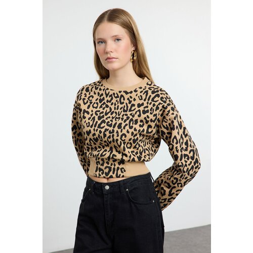  Brown Animal Leopard Patterned Regular/Normal Pattern Knitted Sweatshirt Slike