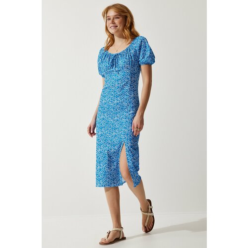Happiness İstanbul Women's Blue Patterned Gathered Knitted Dress Slike