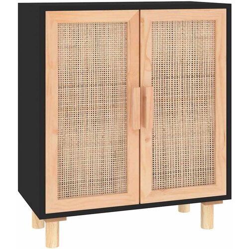  Komoda crna 60 x 30 x 70 cm masivna borovina i prirodni ratan Slike