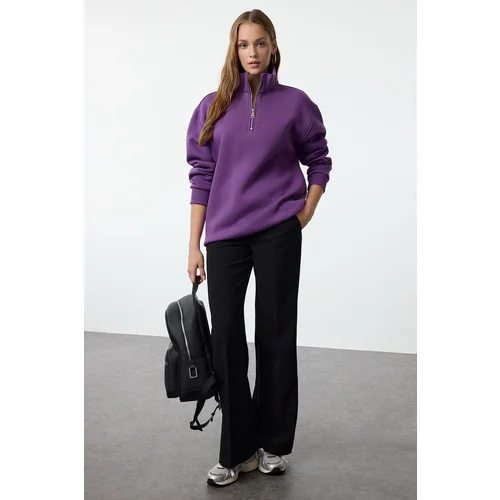 Trendyol Purple Oversize/Wide Pattern Zippered Collar Thick Polar Fleece Knitted Sweatshirt