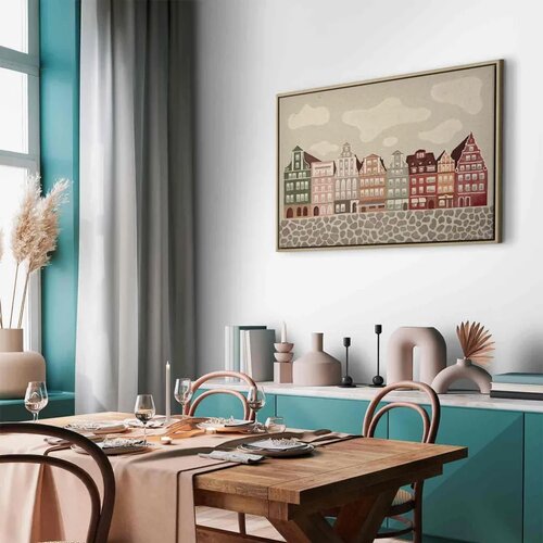  Slika - Salt Square - Colorful Illustrated Townhouses Against a Cloudy Sky Background 120x80 U prirodnom drvenom okviru Slike