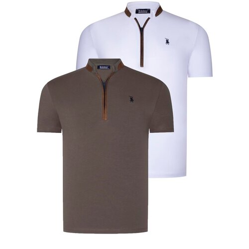 Dewberry DUAL SET T8571 ZIPPER MENS T-SHIRT-WHITE-KHAKI Slike