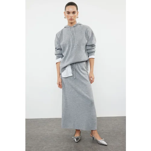 Trendyol Gray Hooded Sweater-Skirt Knitwear Bottom-Top Set