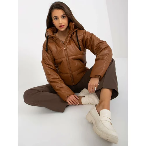 Fashion Hunters Light brown faux leather down jacket with a hood