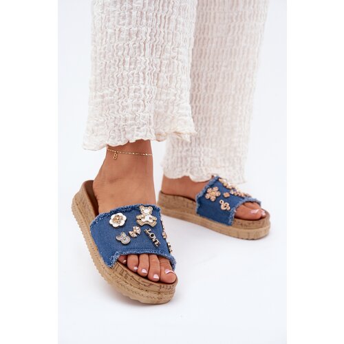 Boto Ladies Slippers With Golden Accents On Platform Navy Rigasta Cene