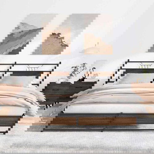 Metalni Kovinski posteljni okvir brez vzmetnice rjavi hrast 183x213 cm, (21829157) Slike