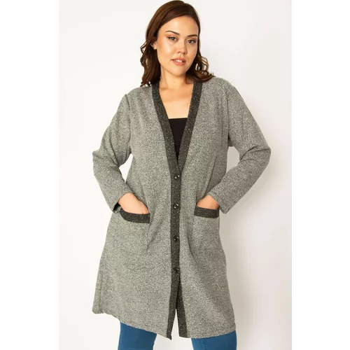 Şans Women's Plus Size Gray Marked Boucle Fabric Unlined Pocket Jacket