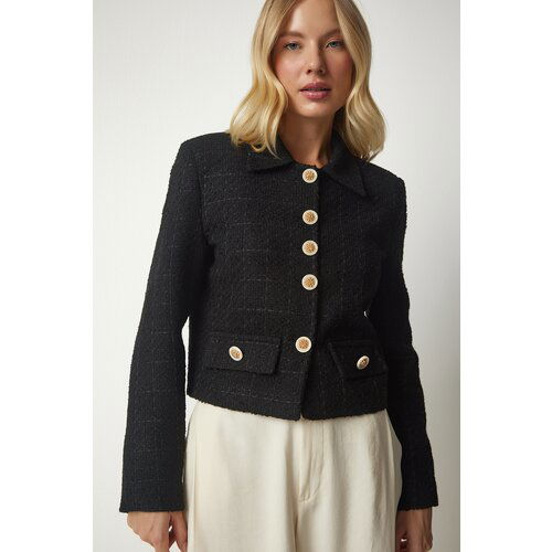 Happiness İstanbul Women's Black Stylish Button Detailed Tweed Crop Jacket Slike