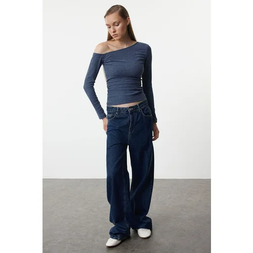 Trendyol Indigo Textured Asymmetric Gathered Boat Neck Fitted Knitted Blouse