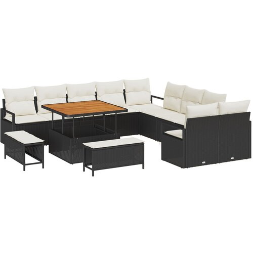 vidaXL 13-dijelni set vrtnih sofa s jastučićima - Crni poliratan akacija, 2-sjedna vrtna sofa s jastučićima - Crni poliratan, 3-dijelni set vrtnih blagovaonica s jastučićima - Crni poliratan akacija Cijene