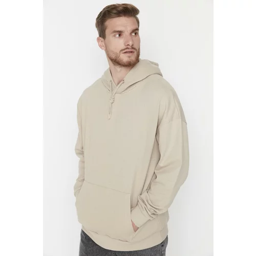 Trendyol Beige Men's Basic Oversize Fit Hooded Sweatshirt with Soft Feather Column
