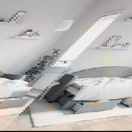 VidaXL Izvlečna dnevna postelja s predali svetlo siva 90x200 cm blago Slike